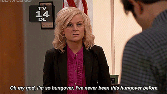 Hungover Leslie Knope from Parks and Rec
