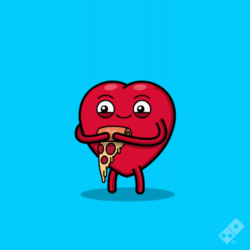 Gif. Cartoon heart with arms, legs and eyes clutching a slice of pizza