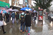 students walking in the rain