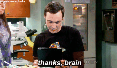 Big Bang Theory Gif: Sheldon stroking his temple and saying 'Thanks, brain'