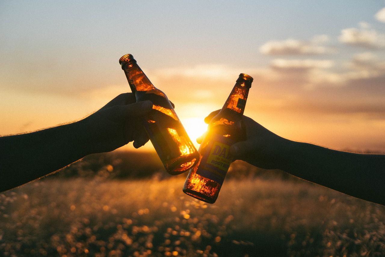 Two beer bottles toasting dissertation success in front of a soft focus sunset in a meadow