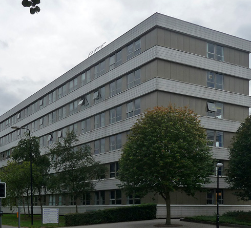 A brutalist university building