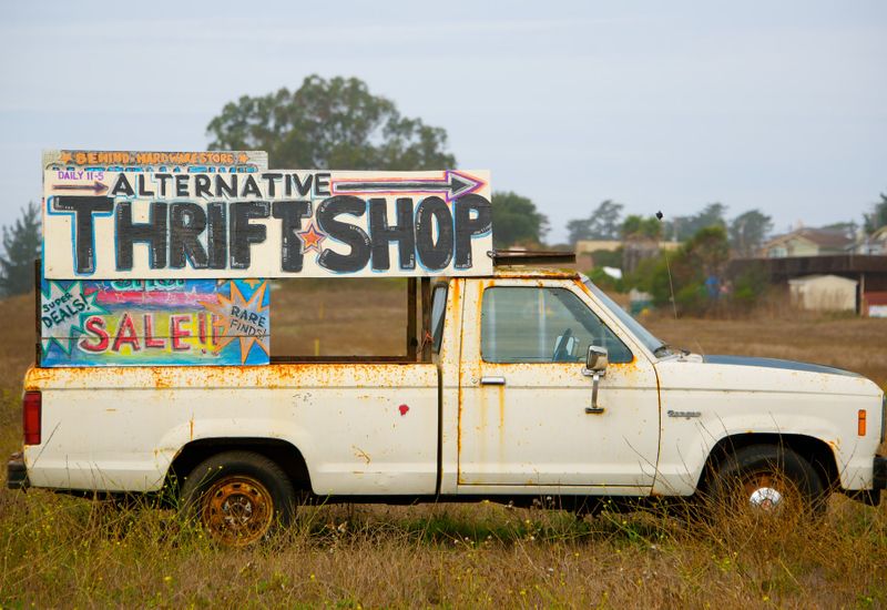 Slightly rusty pickup truck in a field with a hand-painted sign for a thrift shop