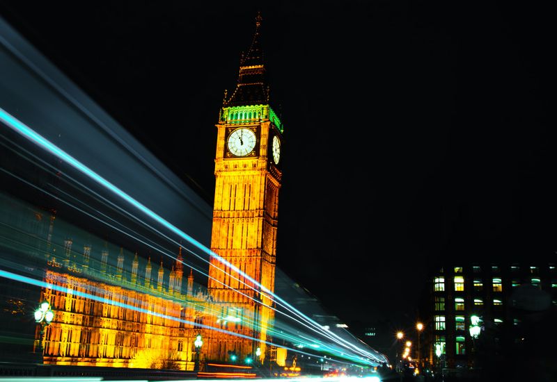 Nighttime shot of Big Ben and the houses of parliament
