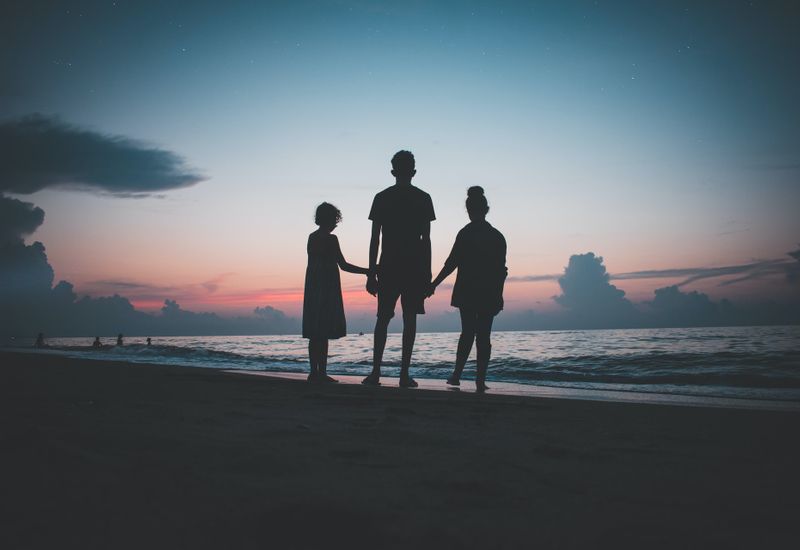 Three siblings holding hands in front of a sunset
