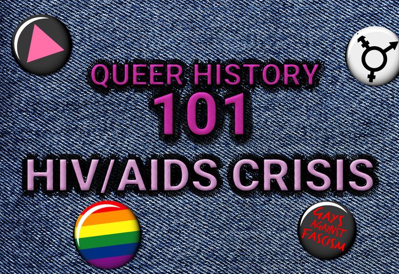 The title as a patch on denim with queer activism badges