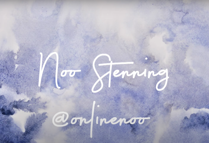 Title card from one of Noo's videos, with her name and her handle for twitter and instagram over a watercolour mauve/lavender background